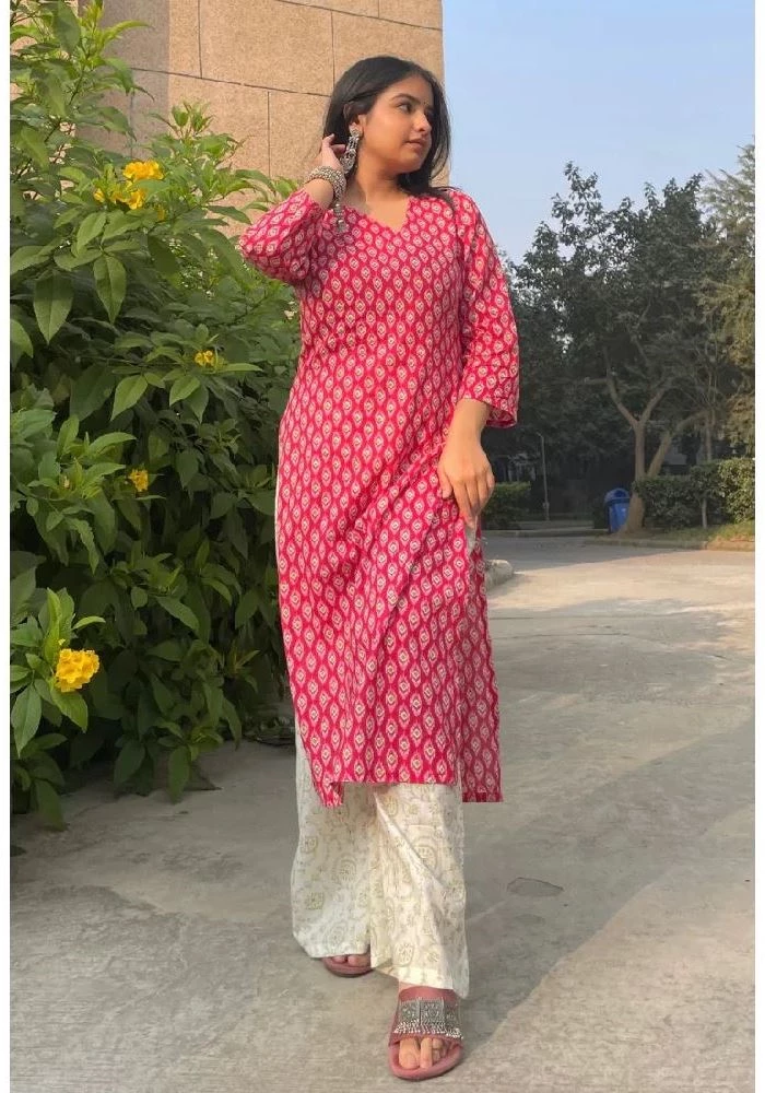 Rose Pink Sanagneri Print Kurti Palazzo Set-1.webp